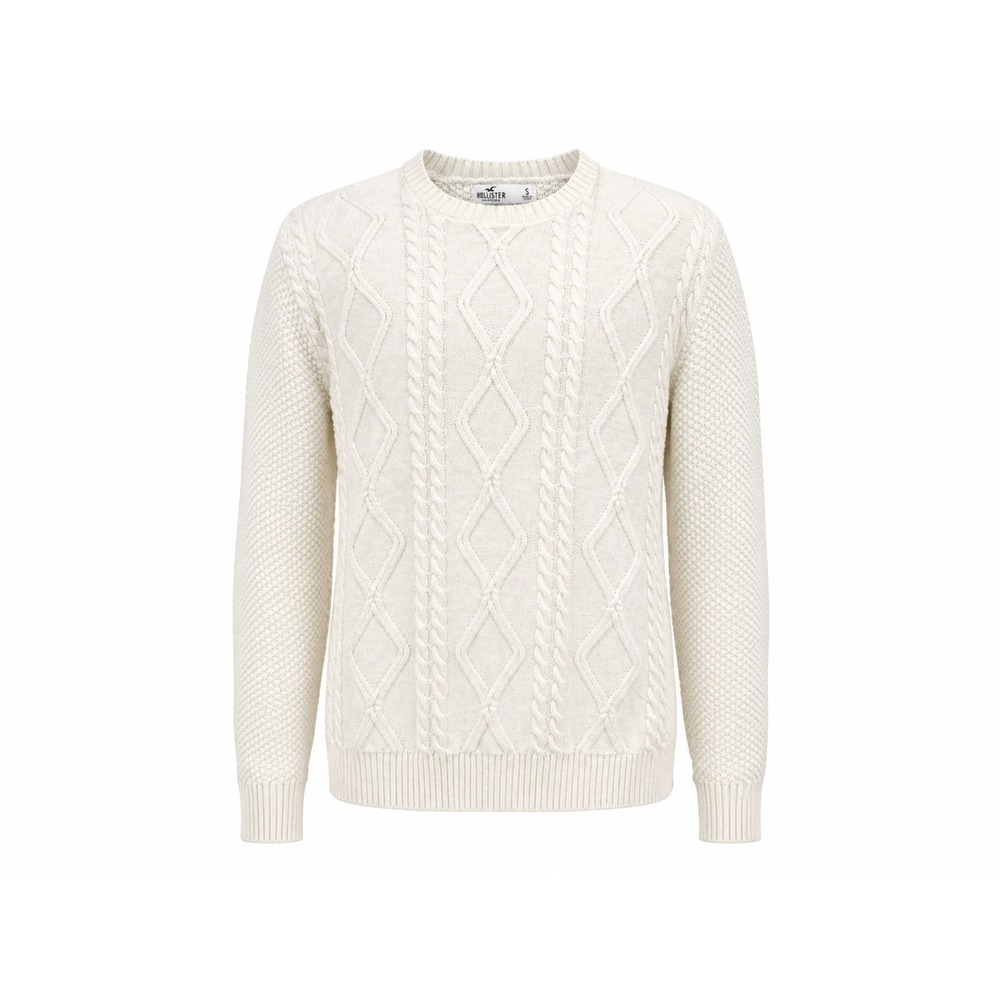 Hollister Sweater Men Small Cream Cable Knit Crewneck Cotton Textured Classic